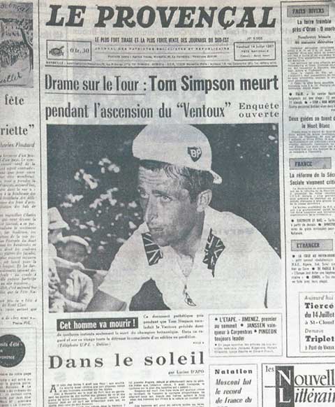 De Franse krant Le Provençal opent op 14 juli 1967 met de dood van Tom Simpson.