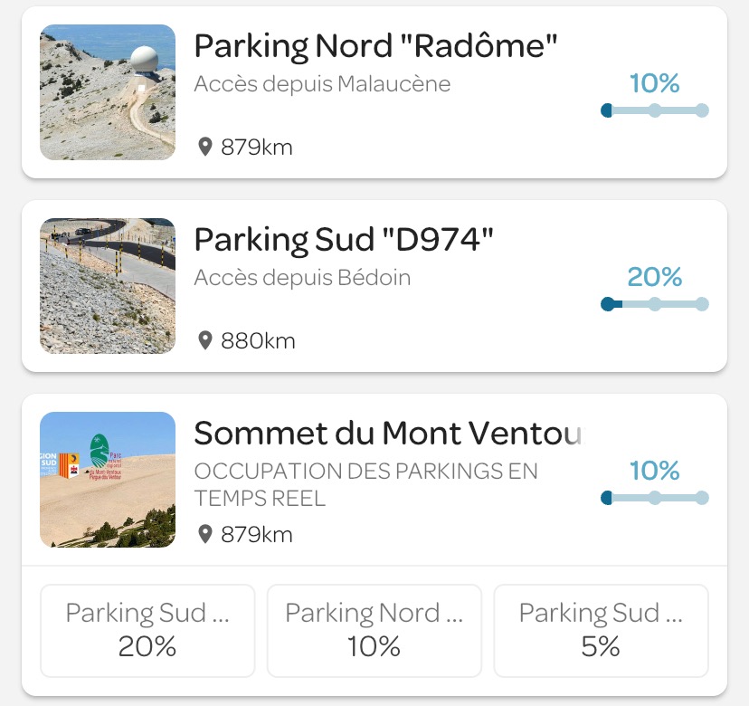 Een snel real-time overzicht van de bezetting van de parkeerplaatsen met de Affluences app parking Ventoux. Wil je weten wat de actuele situatie is? Klik op de afbeelding.