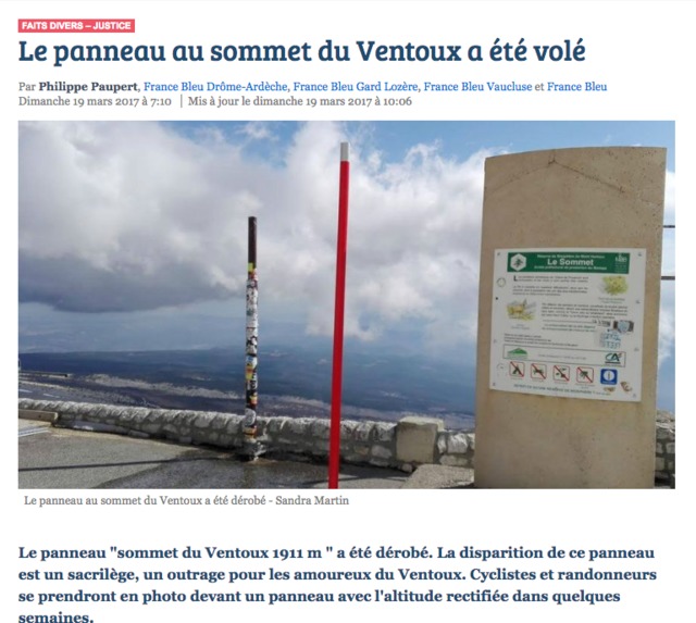 Het hoogtebord op de top van de Ventoux is verdwenen. Foto: francebleu