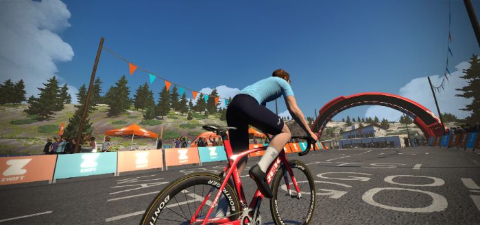 Zwift etappe Ventoux Tour de France Virtual. De streep wordt getrokken bij Chalet Reynard.