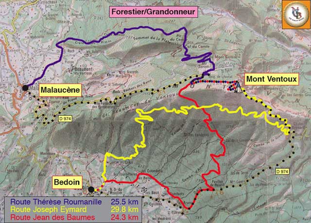 Overzichtskaart van de routes van de Forestier en de Grandonneur